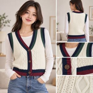 SO Women’s Small Cable Knit Sweater Vest Ivory Button Front Colorblock Preppy